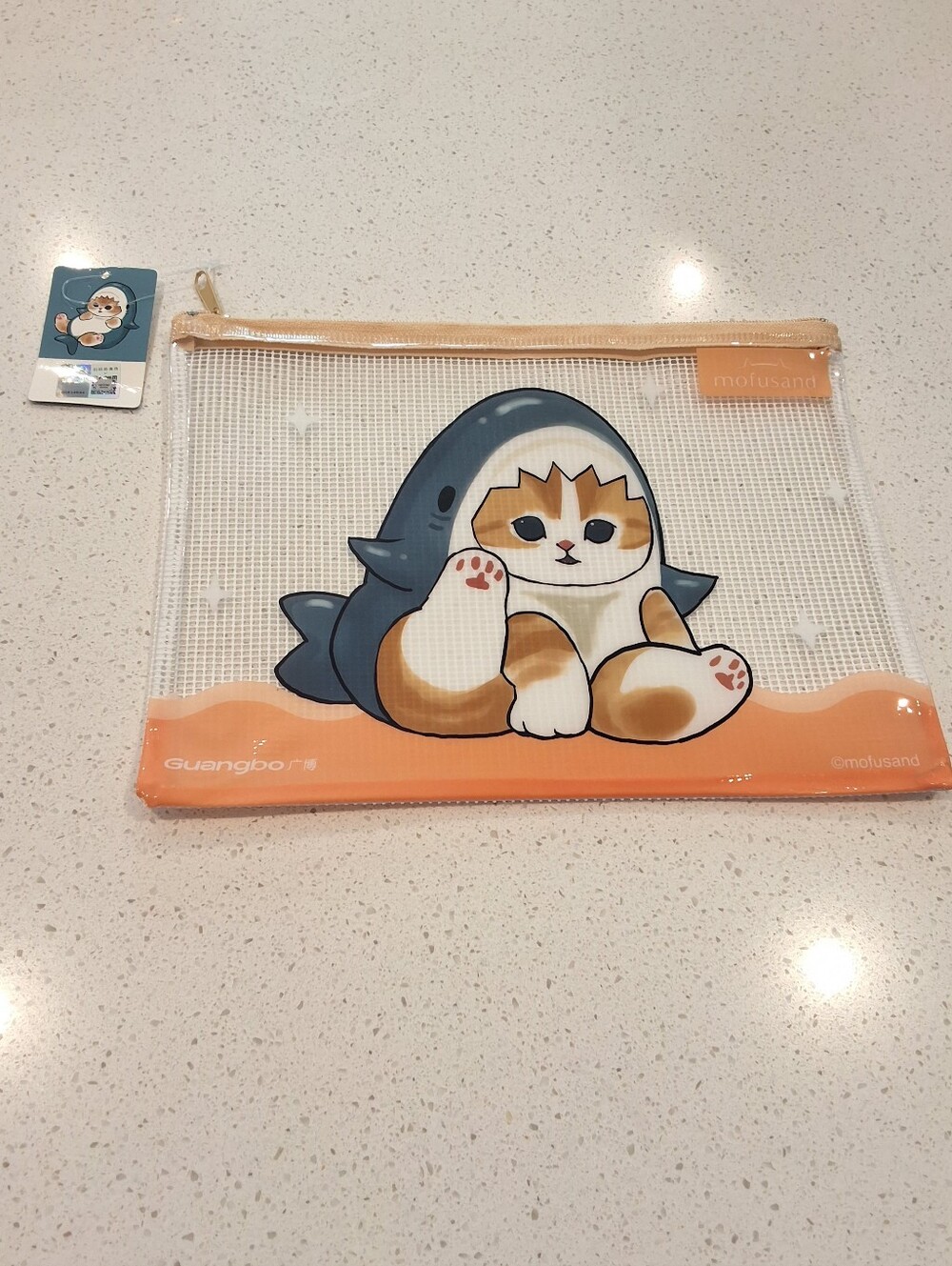 Mofusand Shark Cat Mesh Zipper Pouch Organizer, Cute & Functional Bag, Beige,NWT